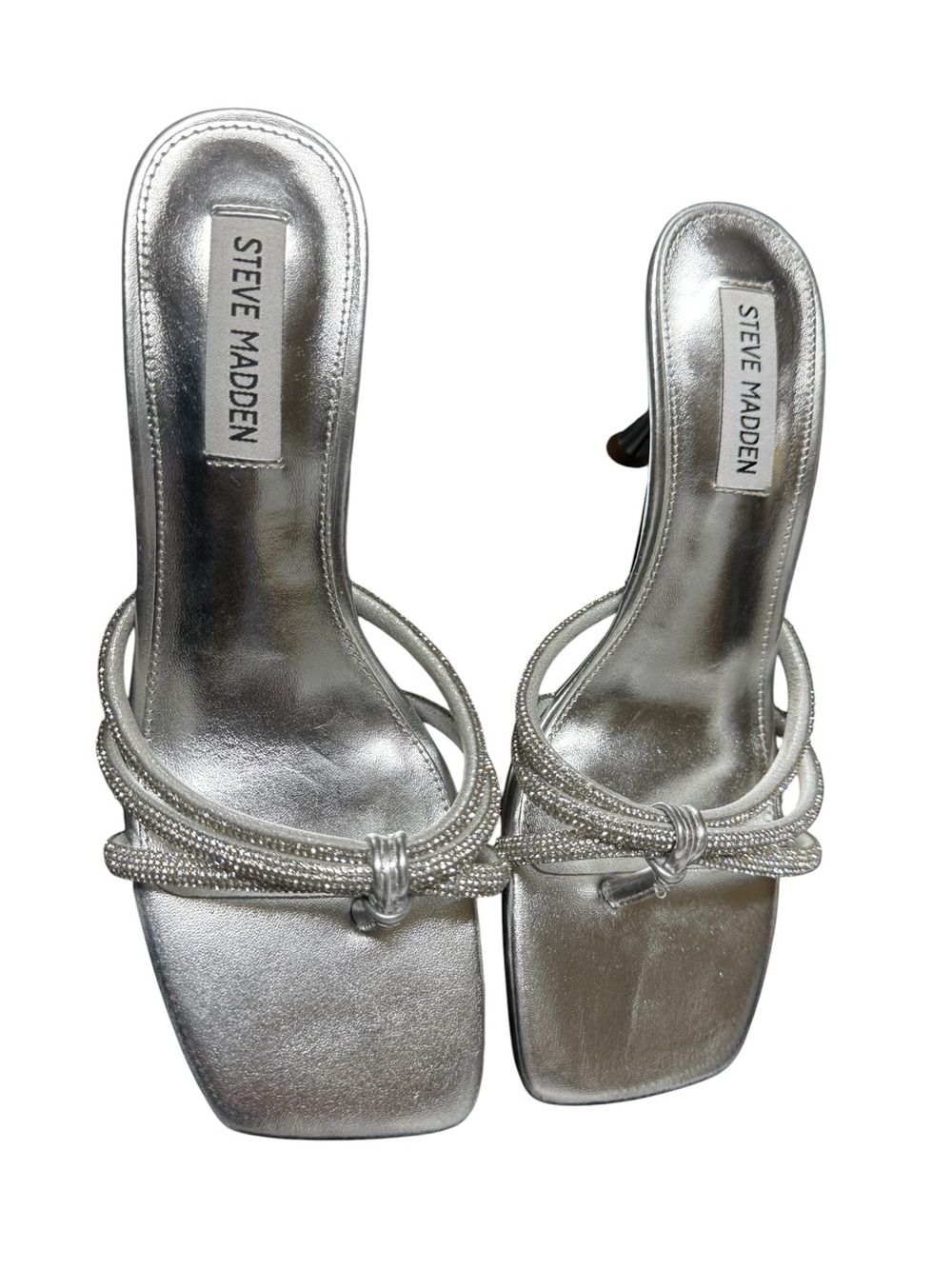 Steve Madden Silver Rhinestone Knotted Strappy Kitten Heel Mule Sandal Size 7.5 - Picture 3 of 9